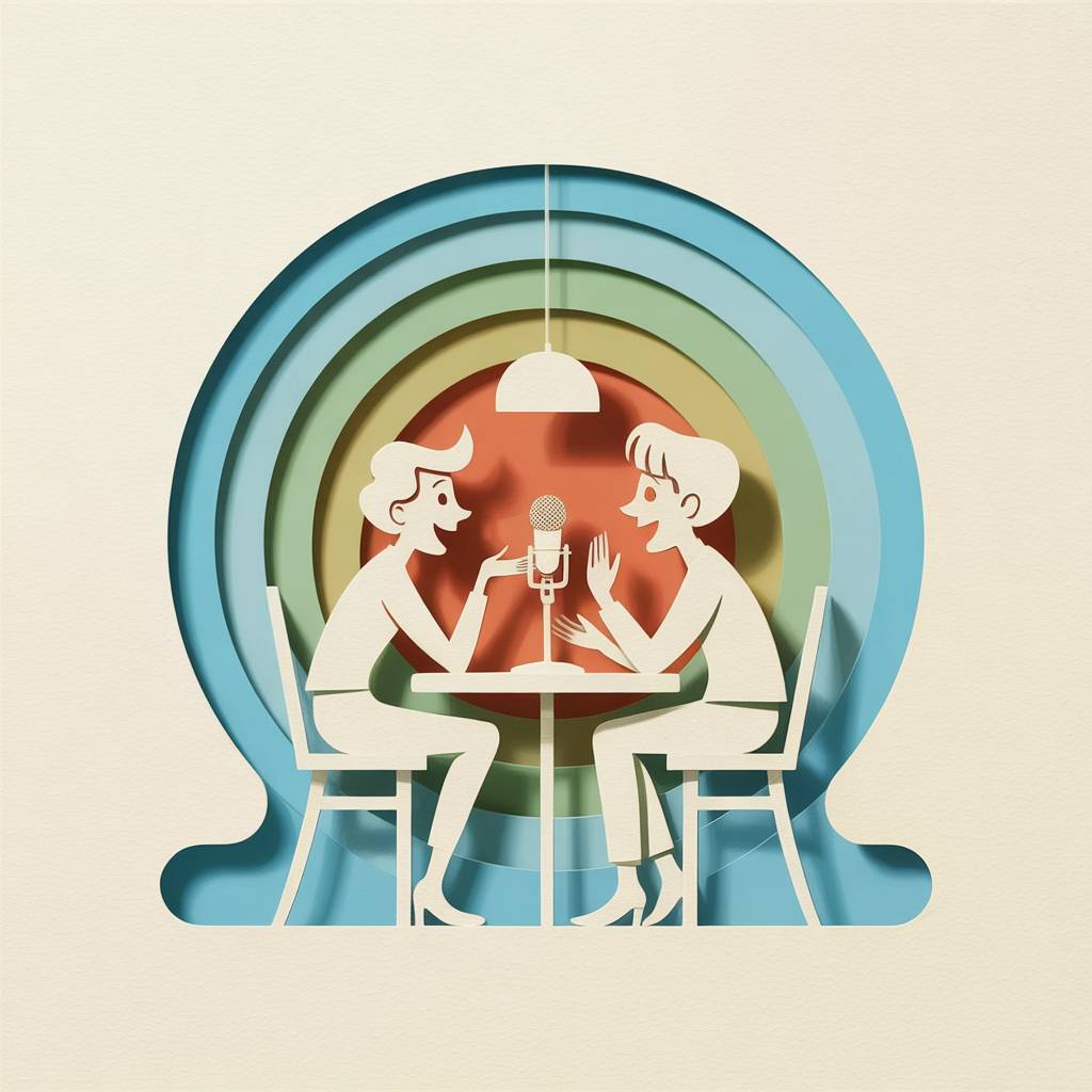 Paper cutout illustration of two people having a conversation at a table with a microphone