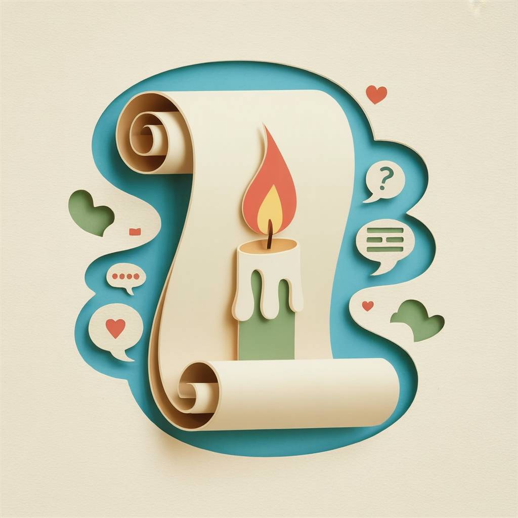 Paper cutout illustration of a candle flame illuminating a scroll with hearts, question marks, and speech bubbles