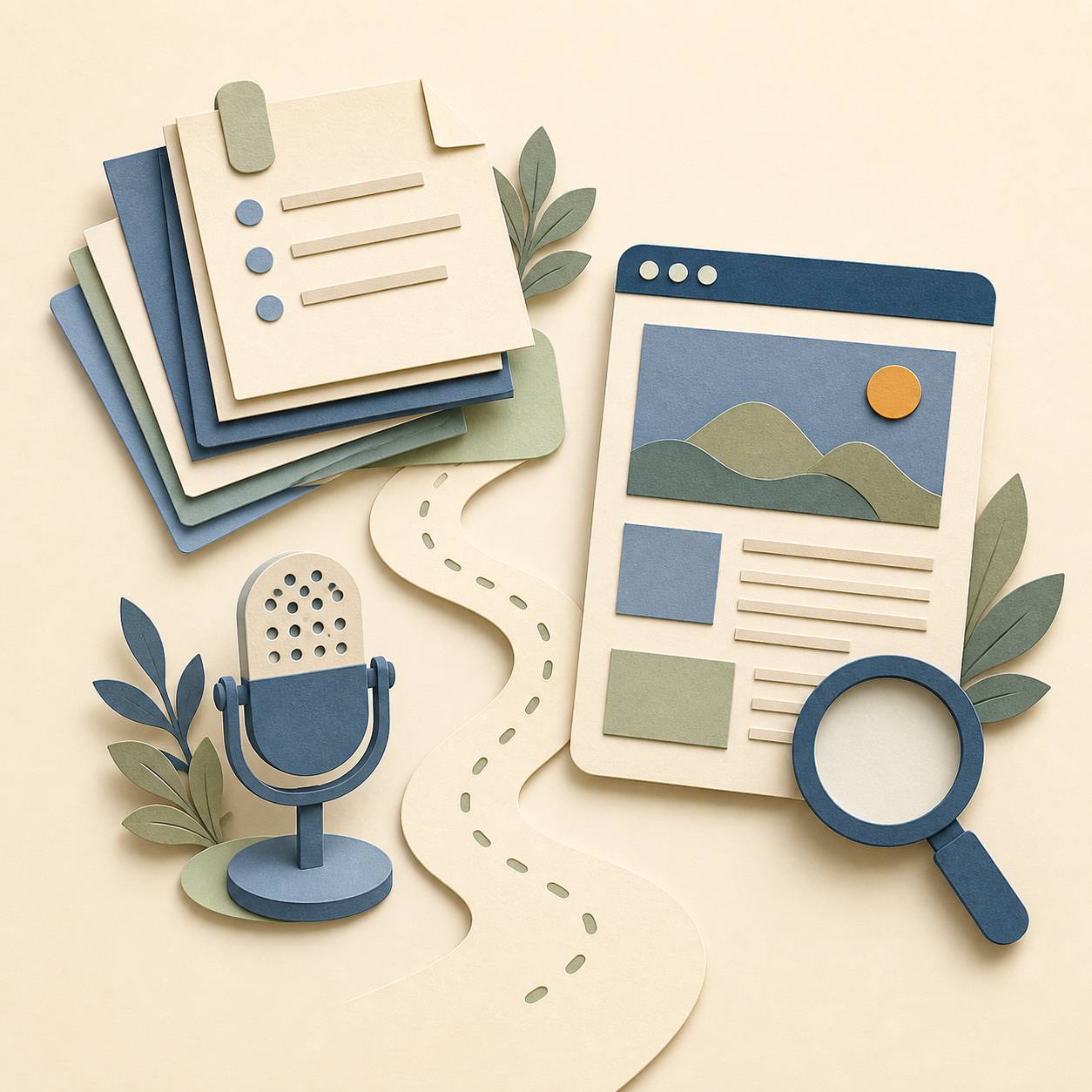 Paper-cut illustration of meeting notes, a microphone, and a web page connected by a path, with a magnifying glass.