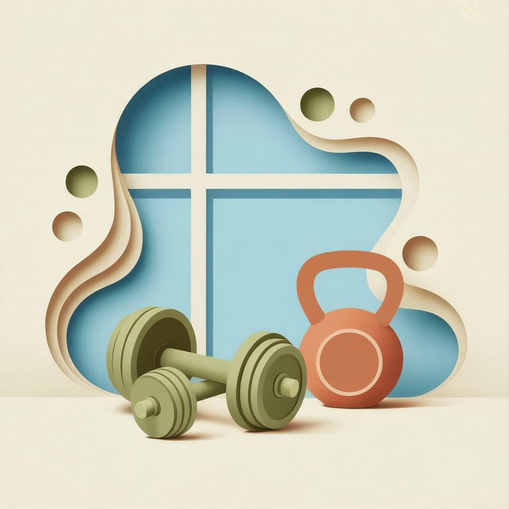 Paper cutout illustration of a sage-green dumbbell and a terracotta kettlebell resting untouched on a clean floor beside a window.