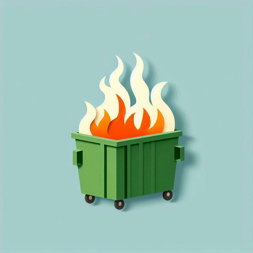 A green dumpster with flames coming from it