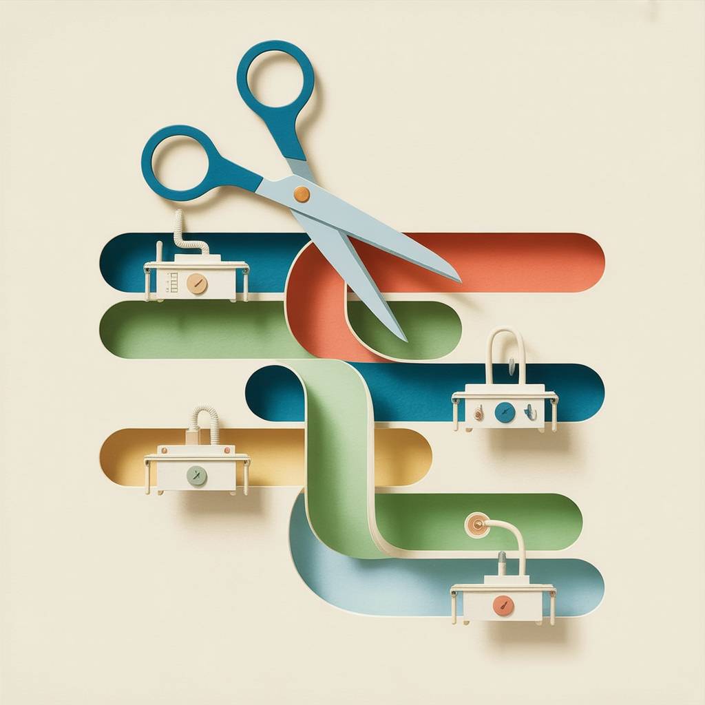 Paper cutout illustration of scissors cutting tangled connector tubes between small machines, with one simple tube remaining