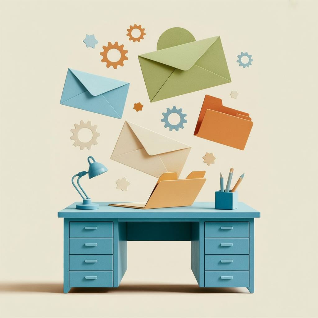 Paper cutout illustration of a desk with floating envelopes, gears, and folder tabs drifting upward