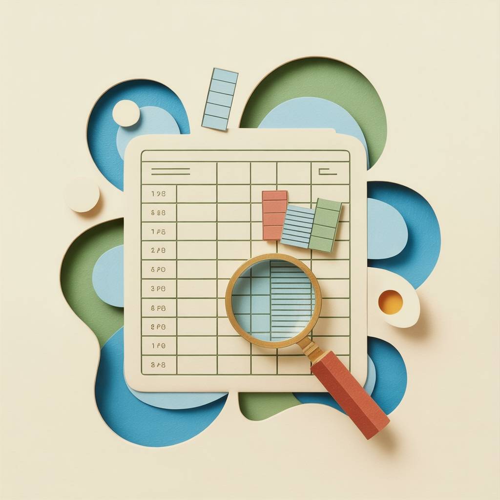 Paper cutout illustration of a spreadsheet grid with stacked paper cards in columns and a magnifying glass highlighting a row, surrounded by layered blue and green paper waves