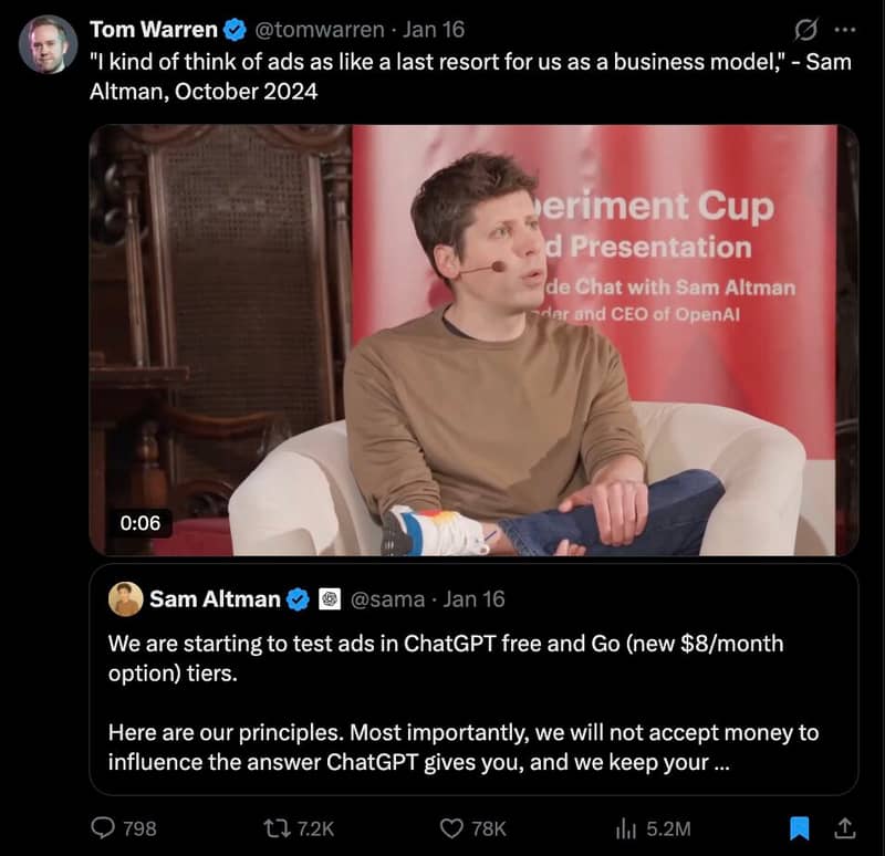 Sam Altman quote contrast - Tom Warren tweet showing Oct 2024 'last resort' quote vs Jan 2026 ads announcement