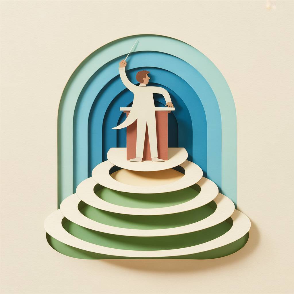 Paper cutout illustration of a conductor on tiered steps surrounded by concentric arches