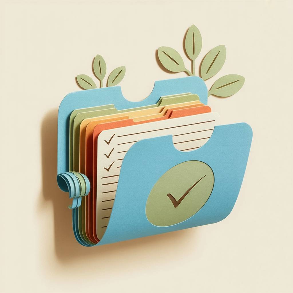 Paper cutout illustration of a blue file folder with organized instruction cards and a checkmark badge