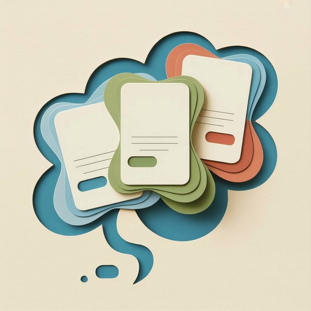 Paper-cut illustration of a conversation flowing into three organized source-note cards.
