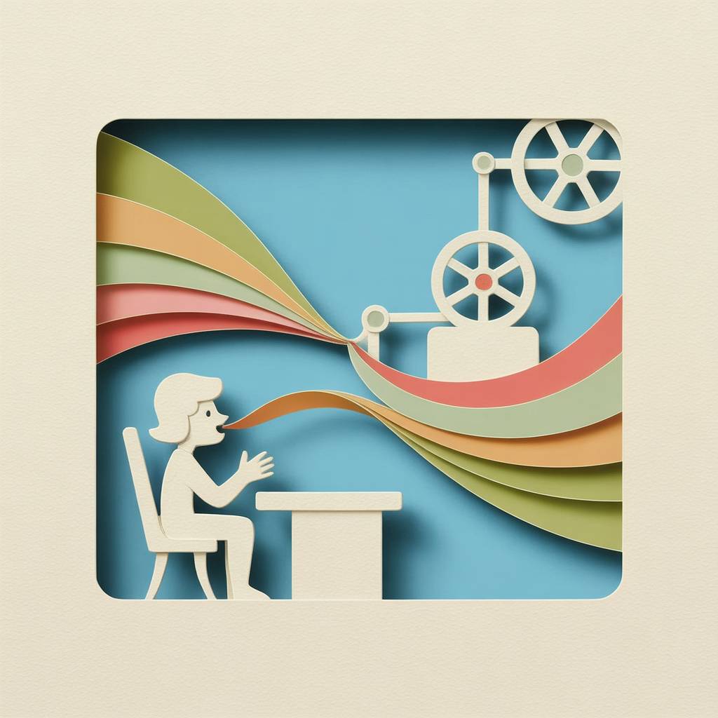 Paper-cut illustration of a person speaking as a ribbon of words turns the wheels of a machine