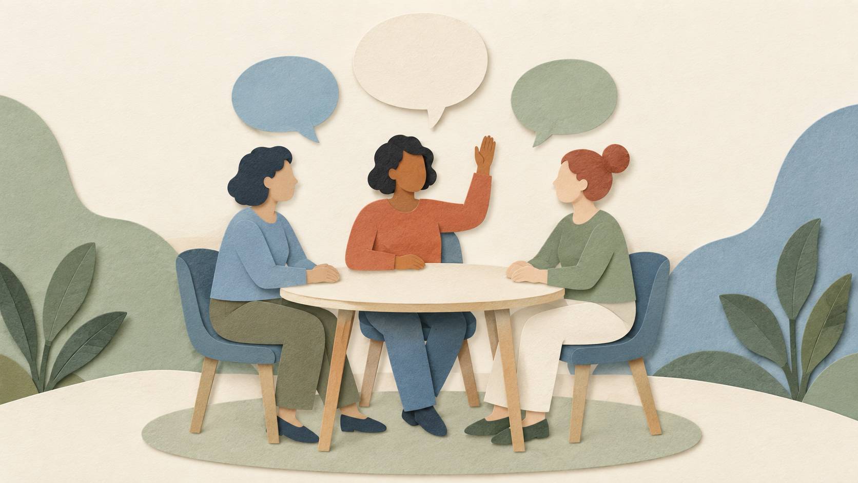 Paper-cut illustration of three colleagues around a table, with one raising a hand and speech bubbles above them.