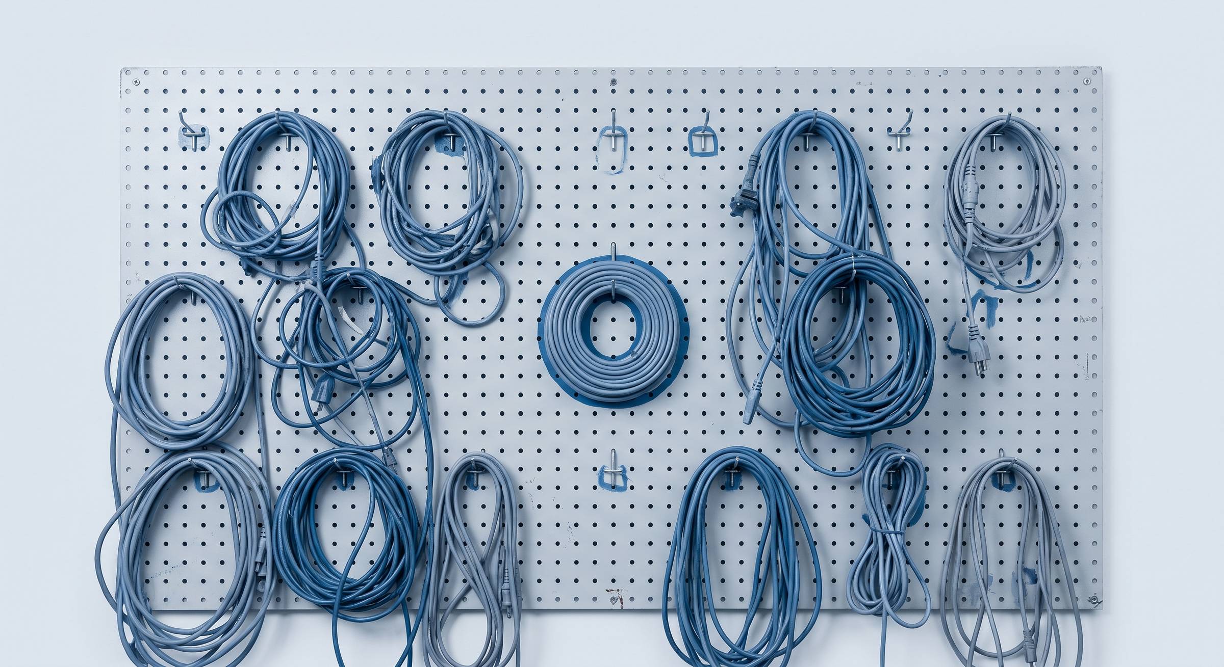 messy cables on a peg board, with one wound neatly