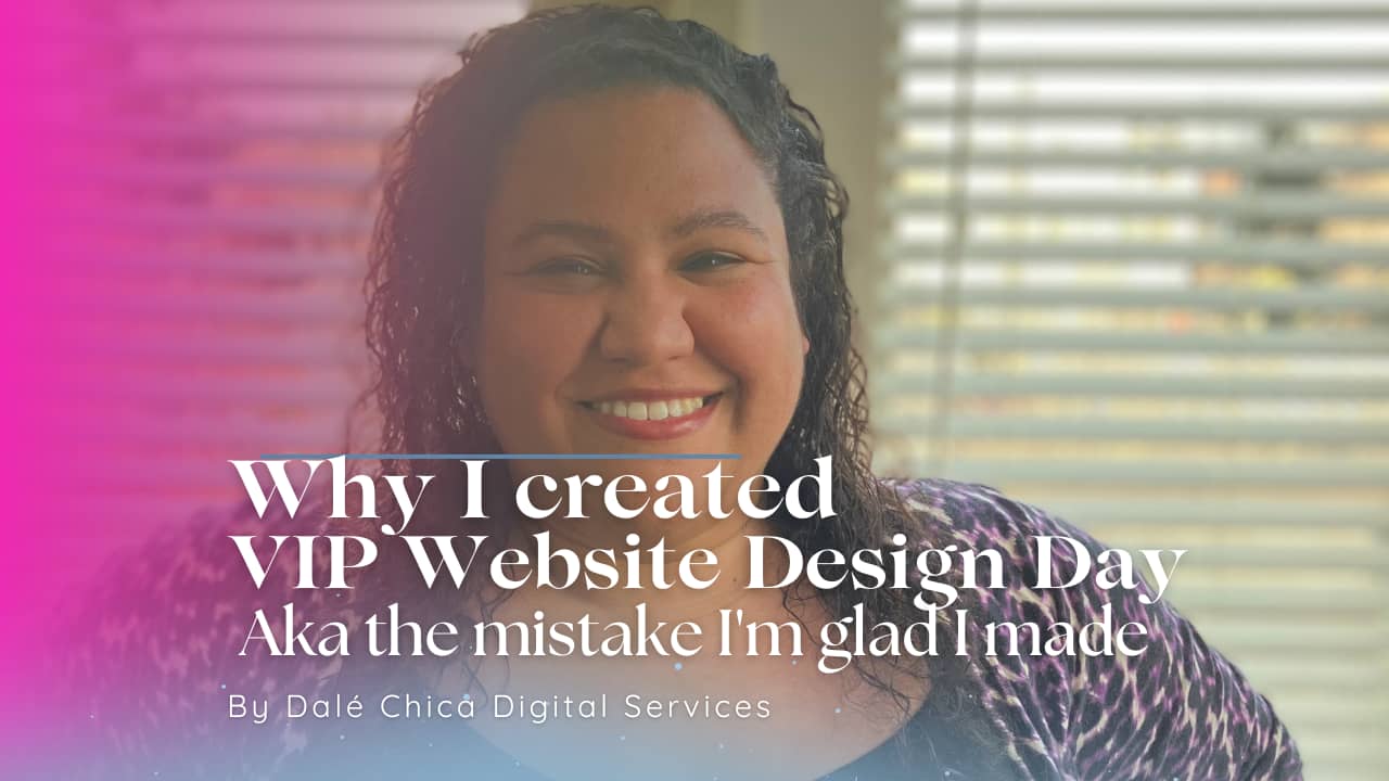 Headshot of Caroline Shopify and Squarespace website designer with pink overlay and words in white, "Why I created VIP Website Design Day: AKA the mistake I'm glad I made."