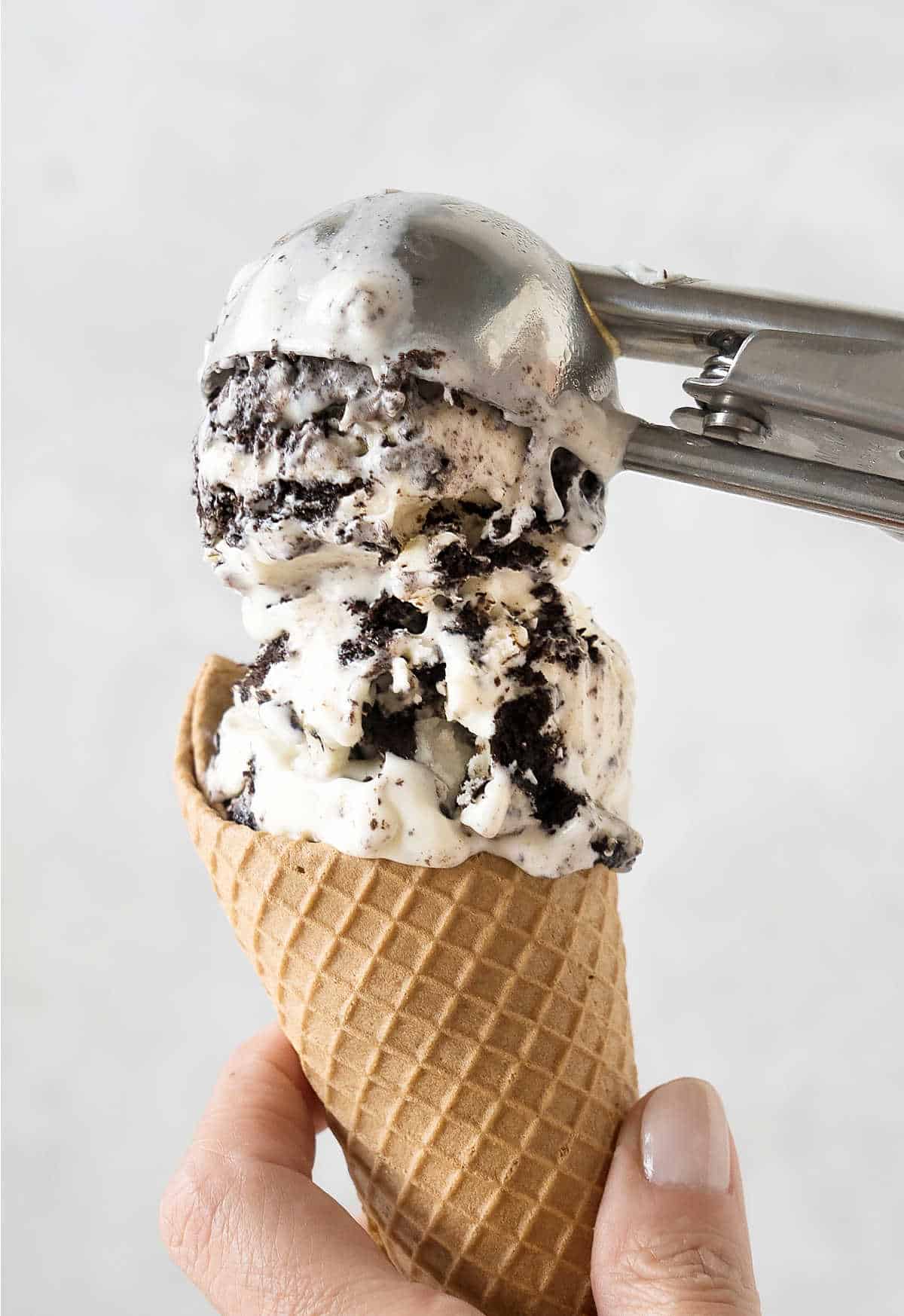 Scooping Oreo ice cream on a waffle cone. Light gray background. 