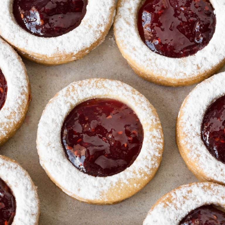 Raspberry linzer cookies flat lay.