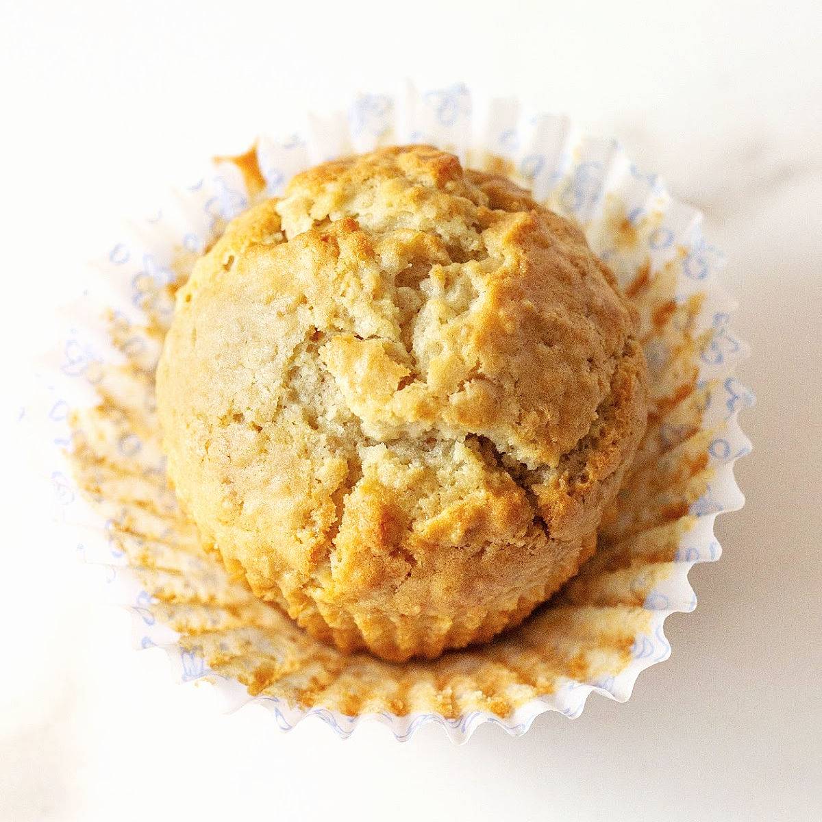 Oat muffin in an opened paper liner. White background. 