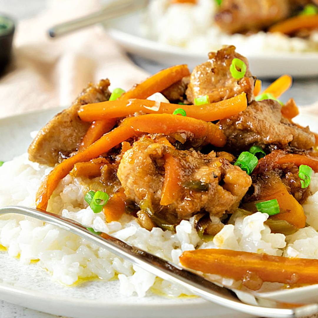 Pork and carrots over rice.