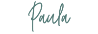 Paula written in dark green letters. White background. 