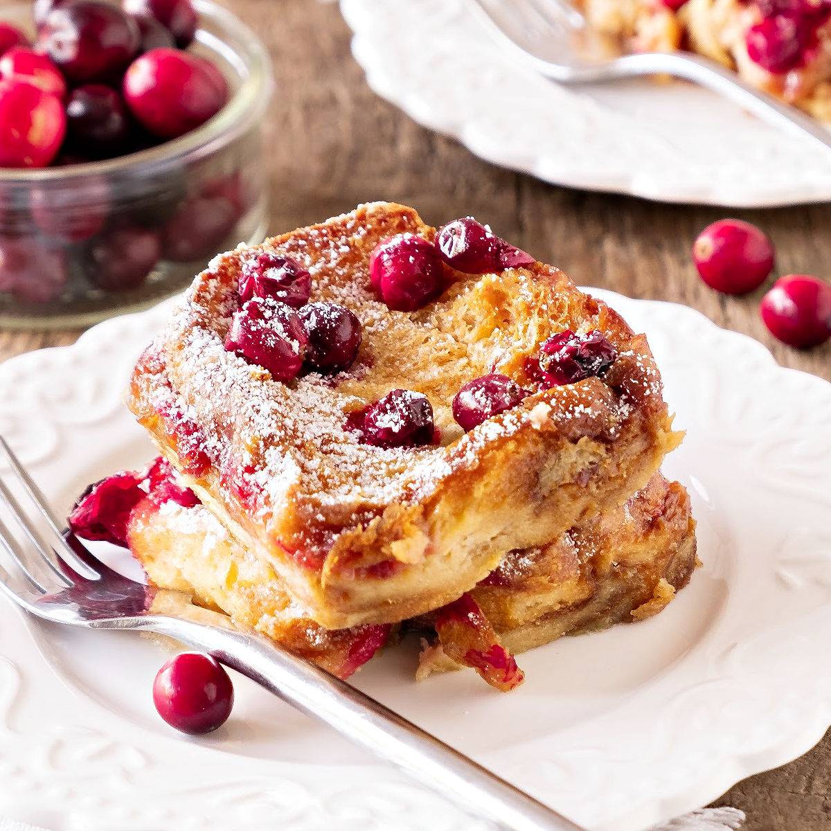 White plate of cranberry French toast.