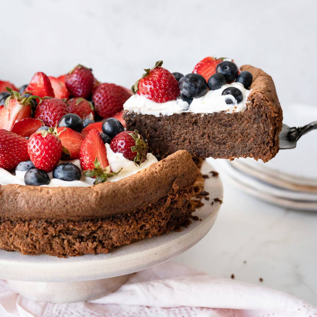 Berry topped chocolate torte.