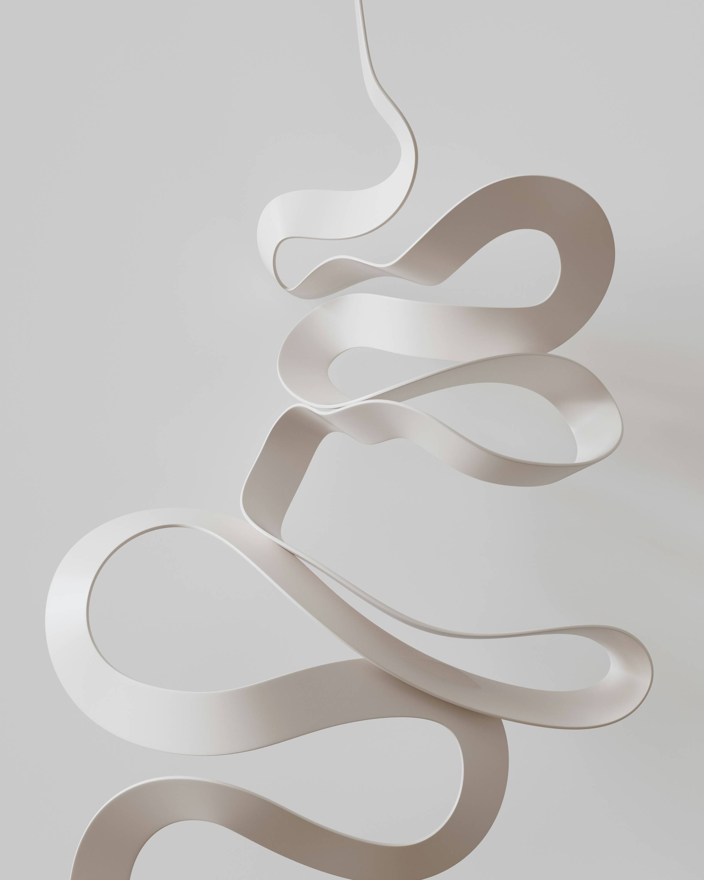A 3d render of a grey plastic-like twirling ribbon
