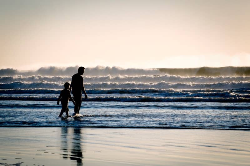 silhouette of a man and a boy on the seashore