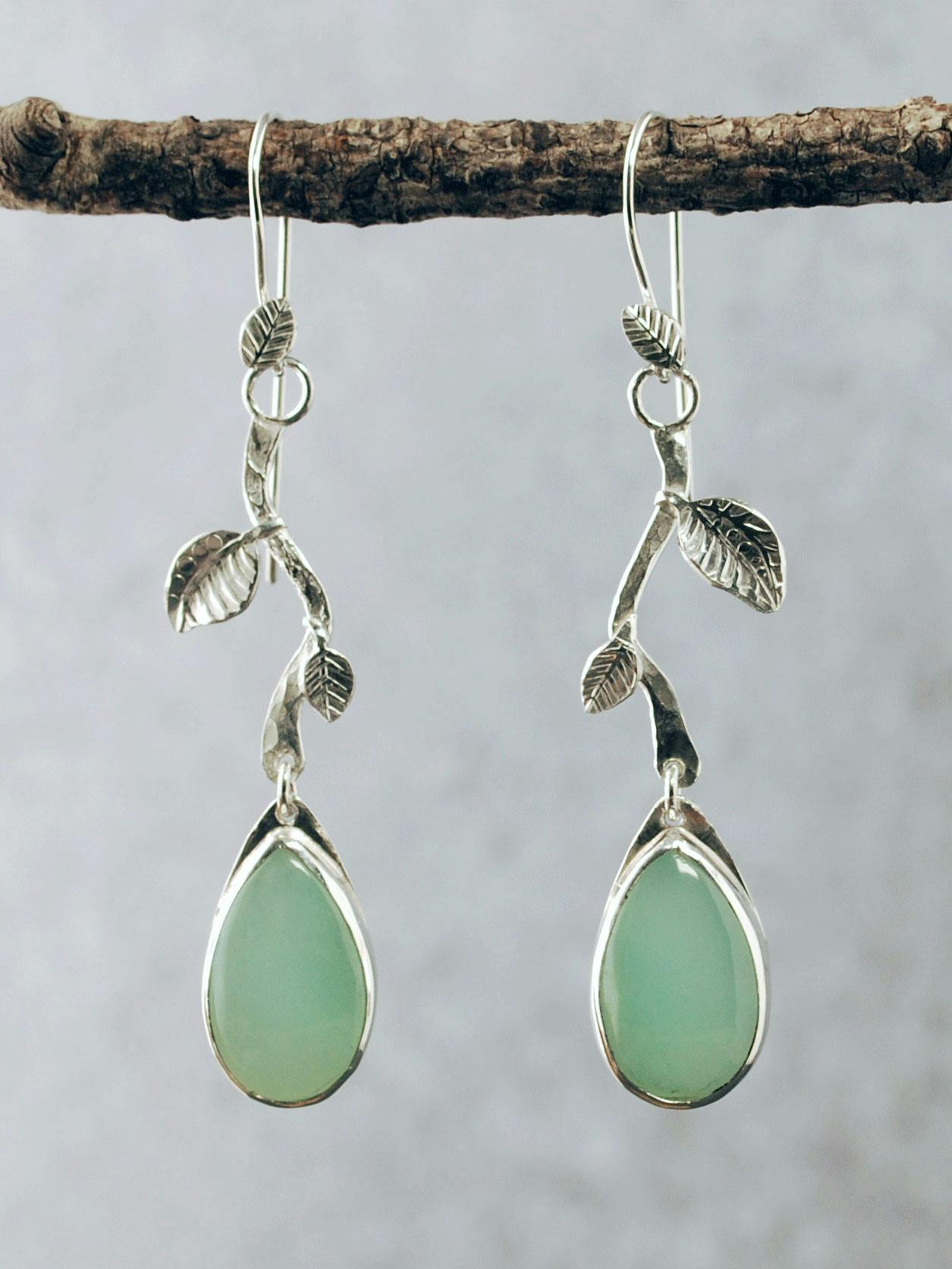 chrysoprase and silver earrings with silver leaves