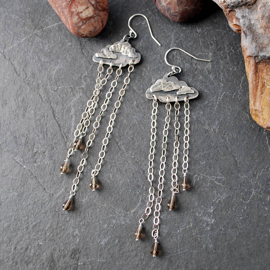 Earrings with silver clouds, chain rain and smoky quartz drops at the bottom