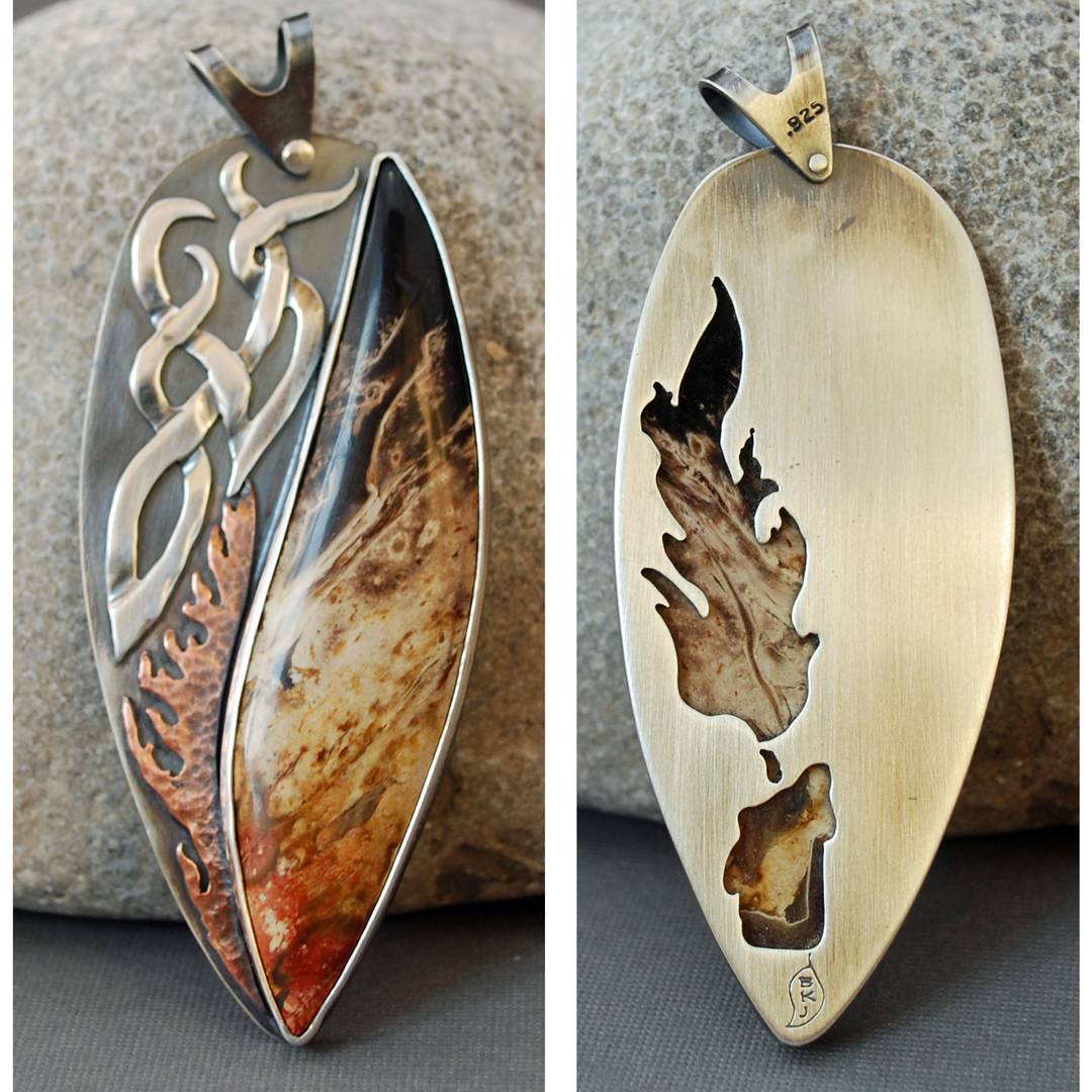 Pendant with petrified palm root, copper flames, silver smoke tendrils, candle cut out on the back