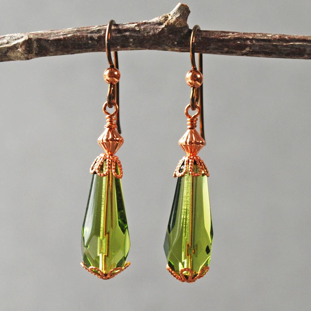 earrings with green cut glass teardrop beads