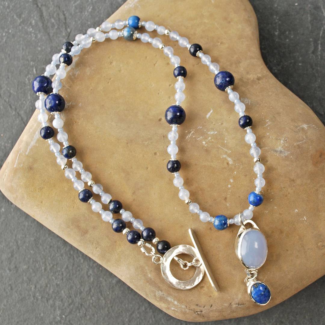Beaded lapis lazuli and chalcedony necklace with lapis and chalcedony pendant
