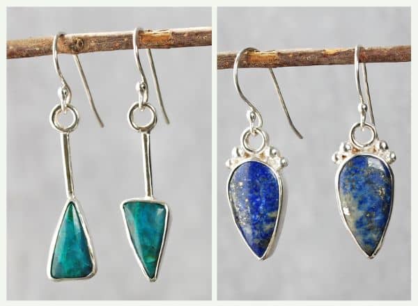 Two pairs of sterling earrings, one with chrysocolla, one with lapis lazuli