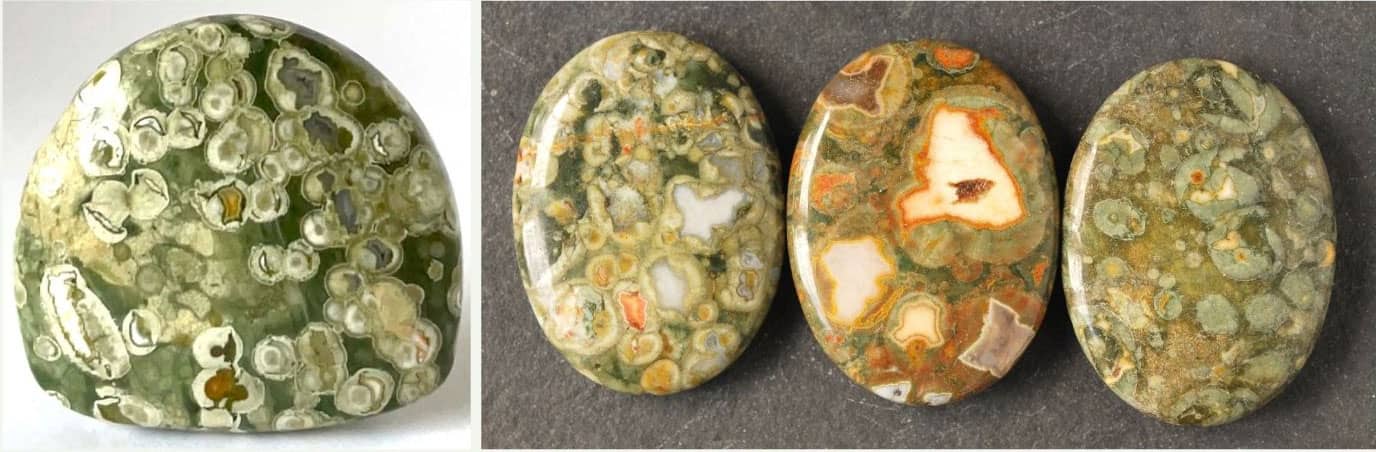 a rainforest jasper or rhyolite cabochon and three rainforest rhyolite beads