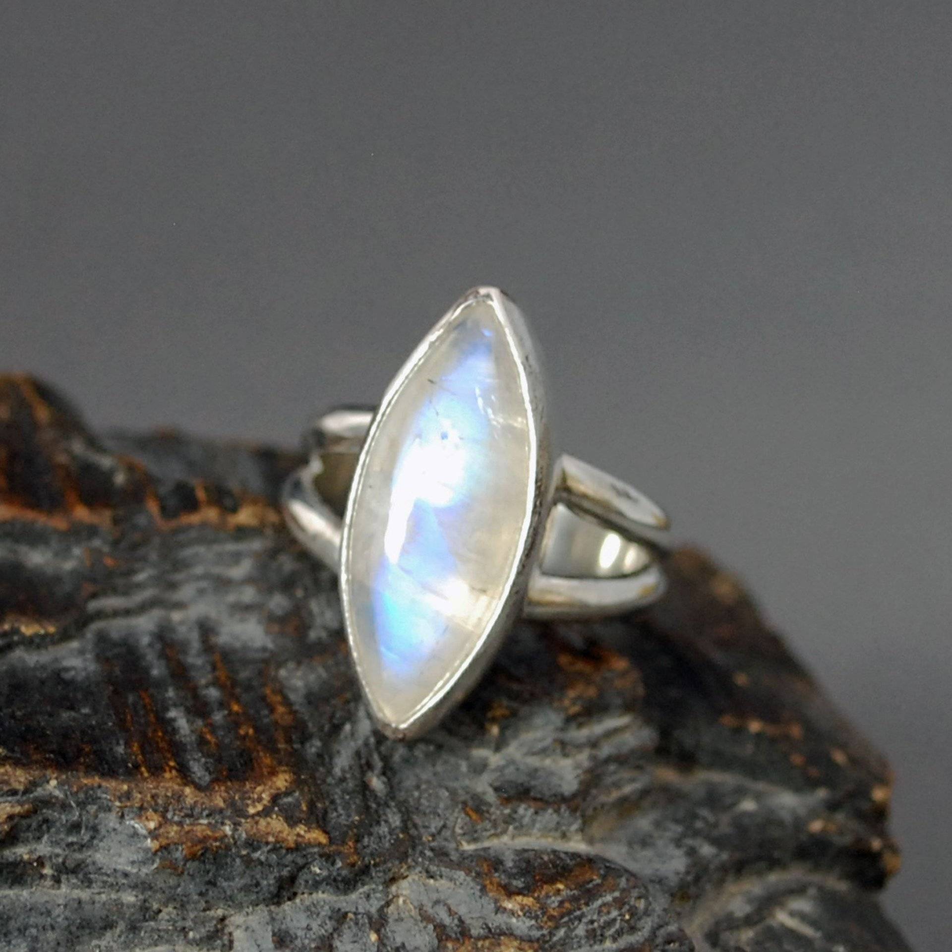 Silver moonstone ring, marquis shaped stone