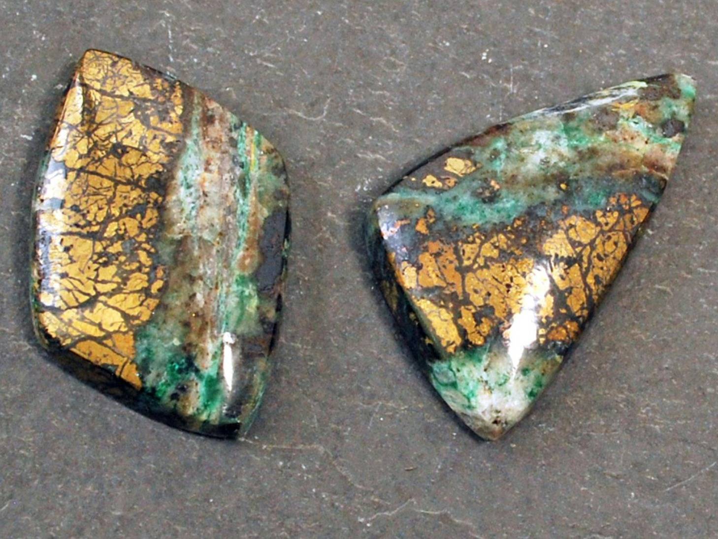 Two Golden Sky malachite cabochons with chalcopyrite inclusions