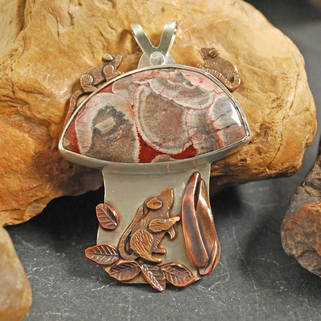 silver pendant with mushroom rhyolite, bronze mice and copper leaves, grasses