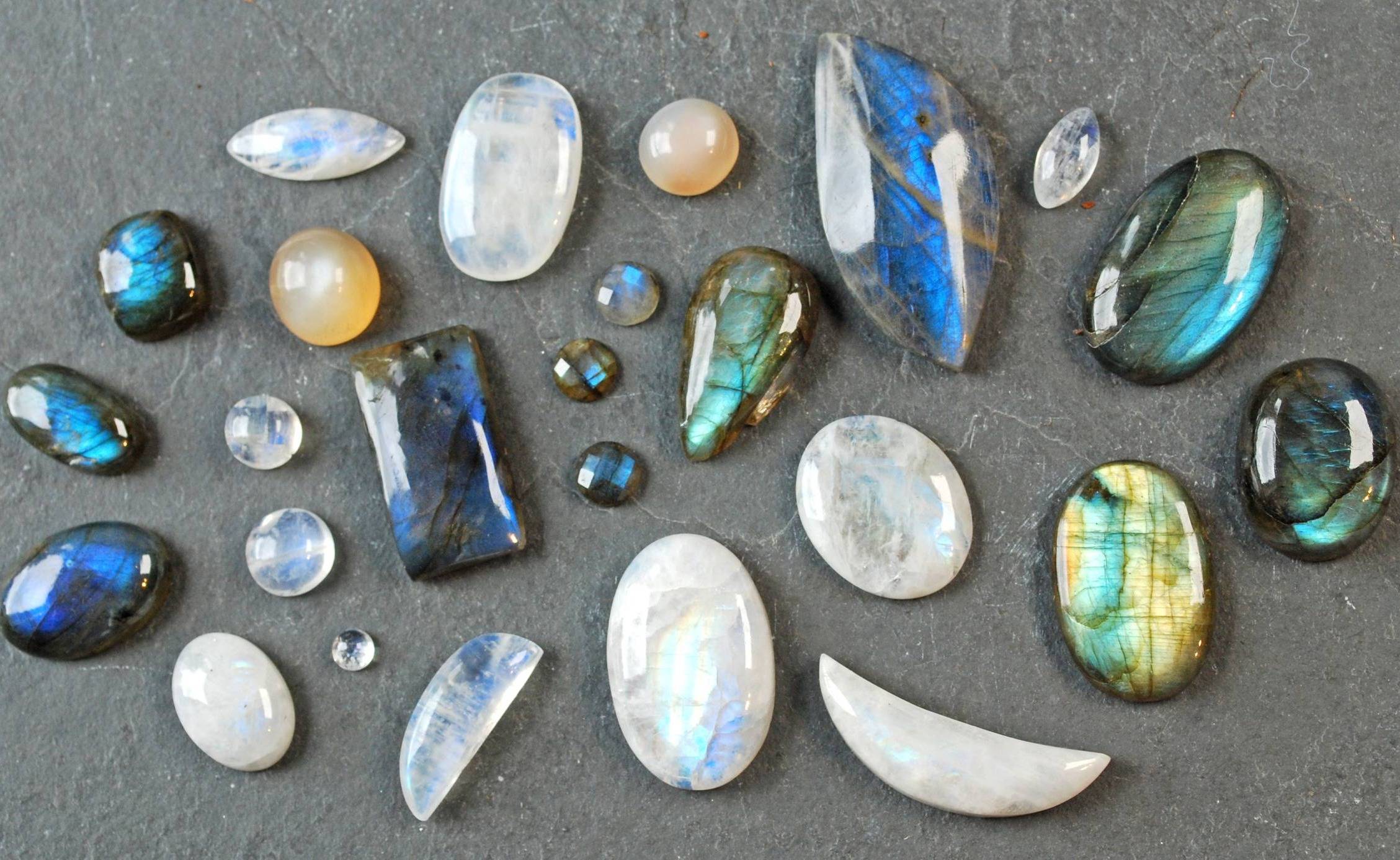 Group of labradorite and moonstone cabochons