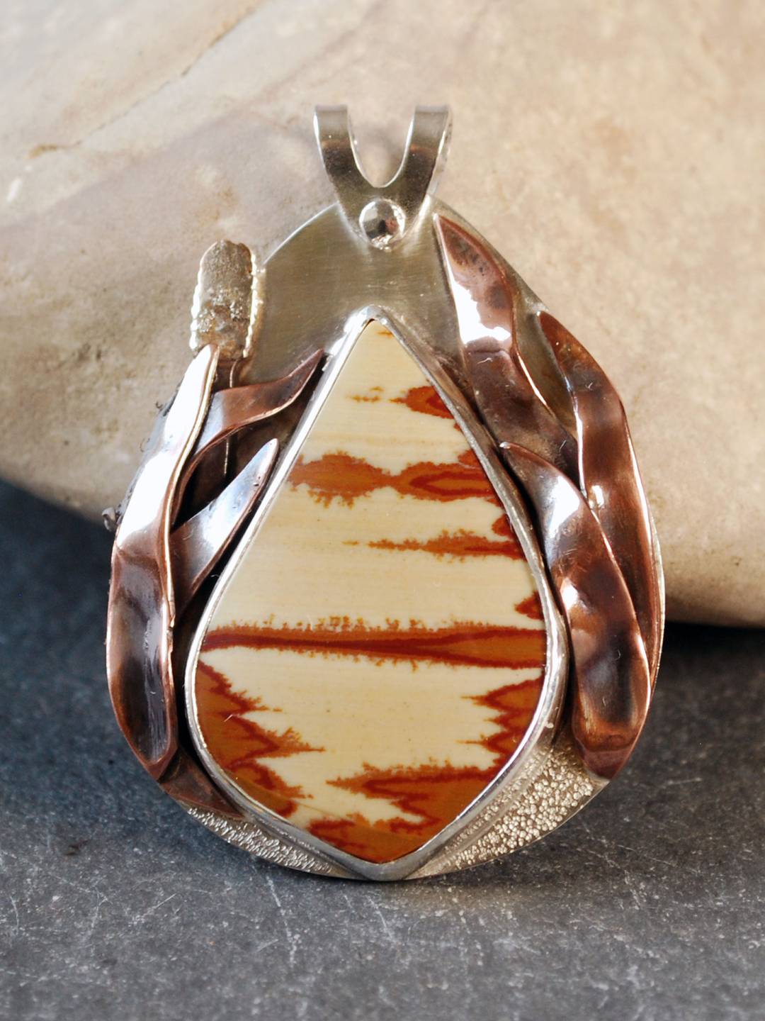 Silver pendant with wetlands scenic jasper and copper grass framing it