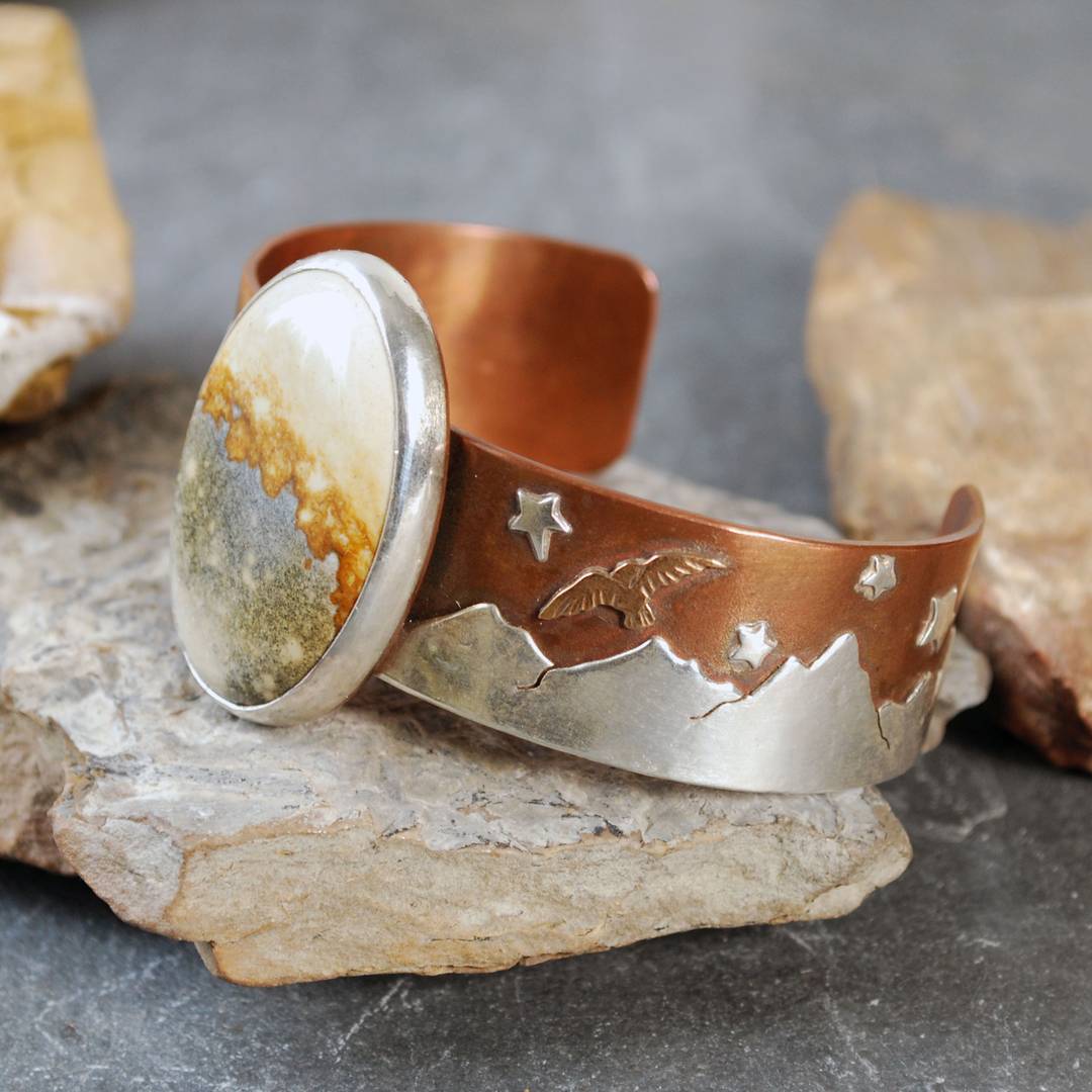 copper cuff with jasper and silver scenic landscape with mountains and stars