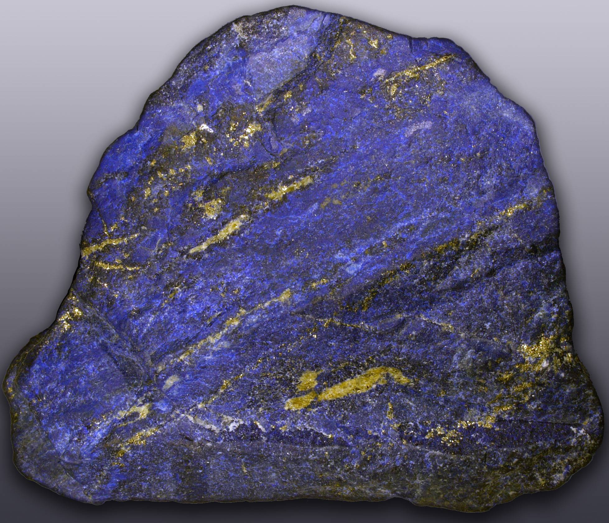 Piece of rough lapis lazuli with gold streaks of pyrite.