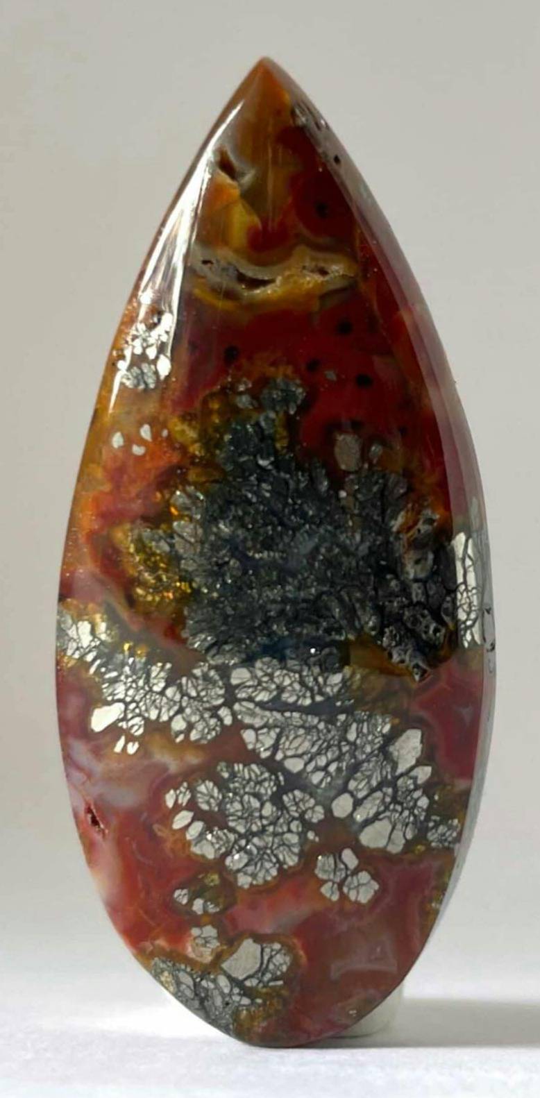 Teardrop cabochon - red agate with marcasite inclusions