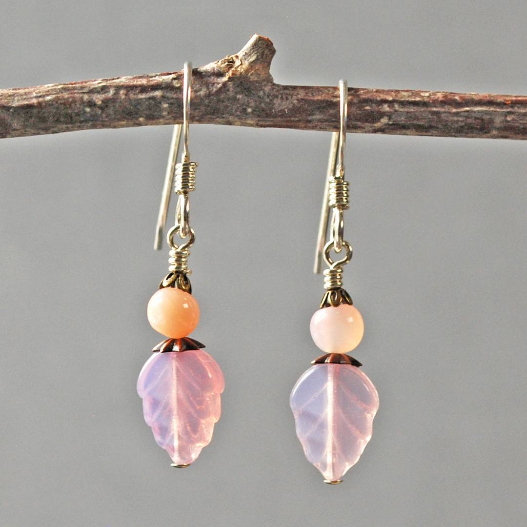 earrings with pink glass leaf shaped beads and pink opal beads