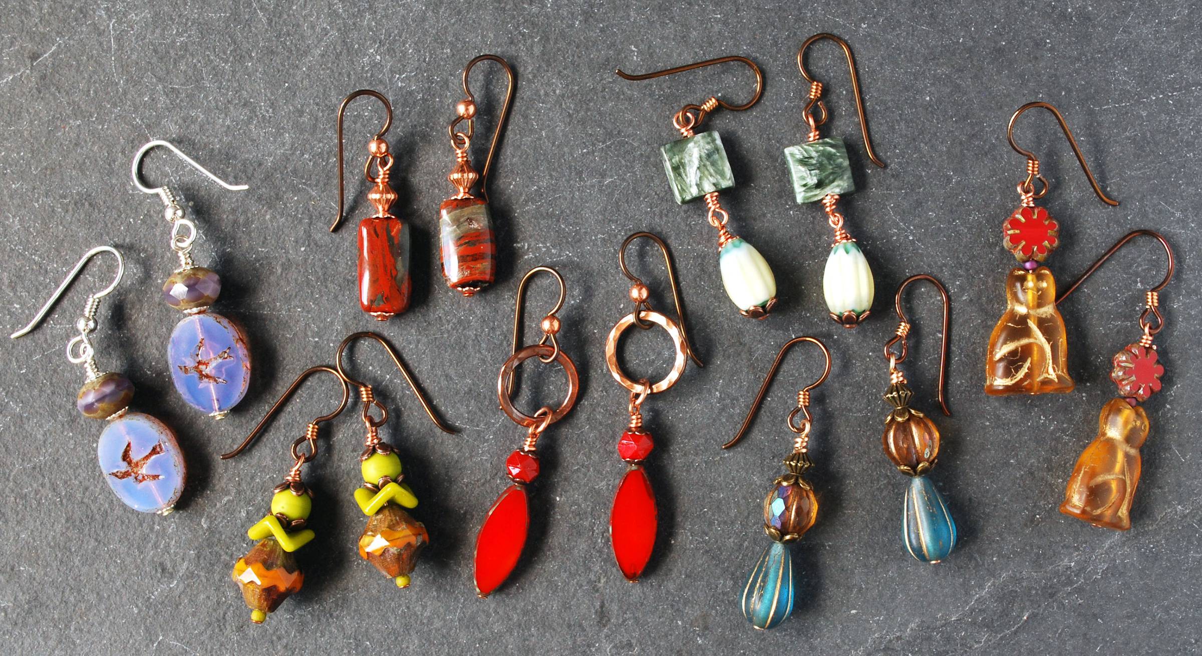 Colorful earrings featuring Czech glass beads and some semi-precious beads