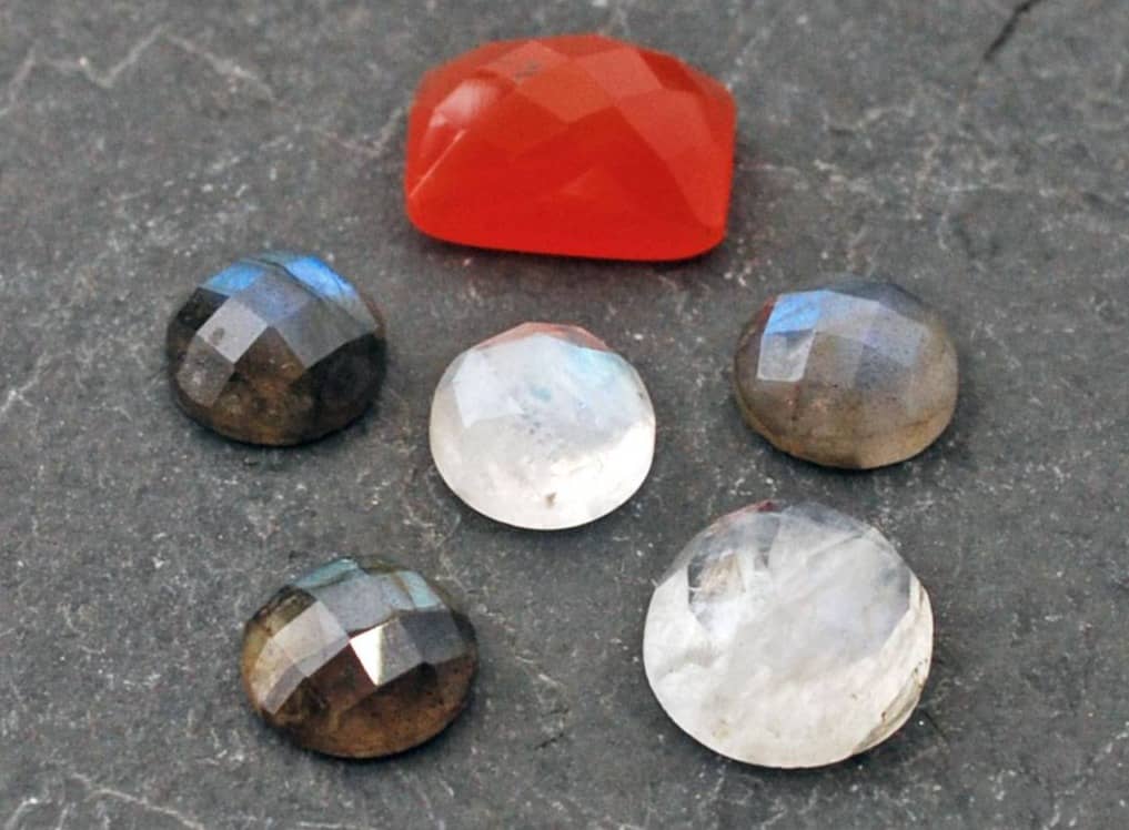 Small group of rose cut stones: carnelian, labradorite, moonstone