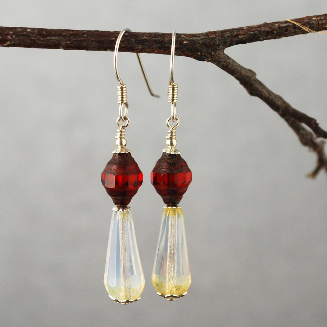 earrings with opalescent cut glass teardrop beads, cut red beads on top