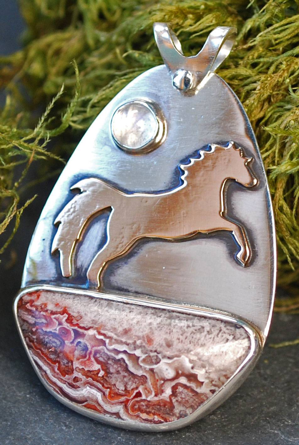 Pendant:  Bronze horse on sterling back with Crazy Lace Agate and Moonstone