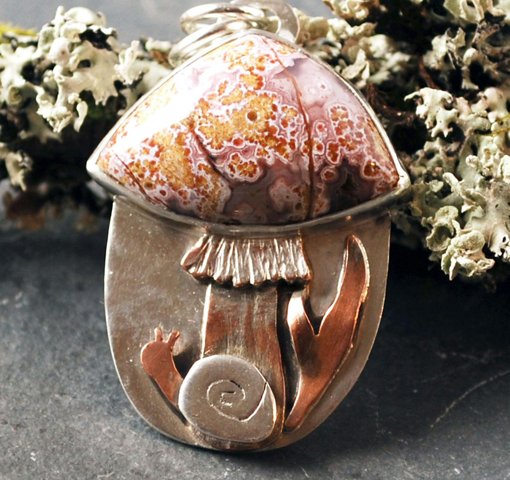 Mushroom pendant, Ocean Jasper cap, snail at bottom of stem