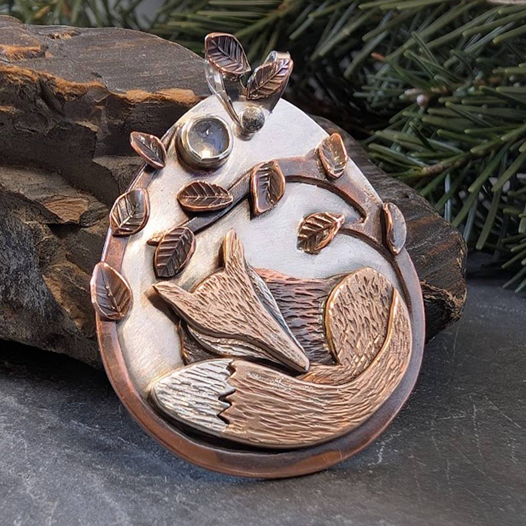 silver pendant with bronze fox, copper leaves, moonstone