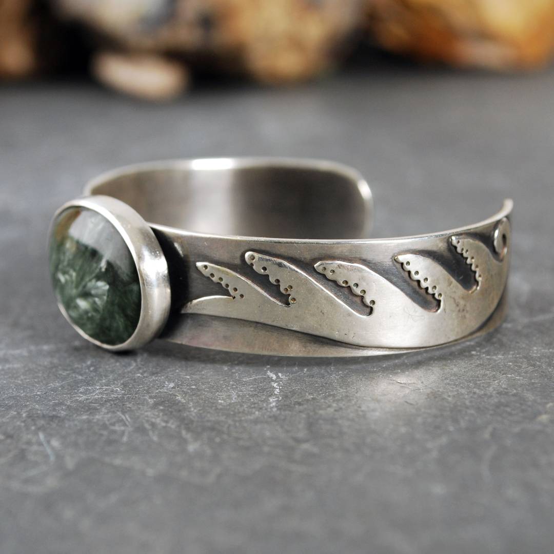 Silver cuff bracelet with fine silver ferns and seraphinite stone