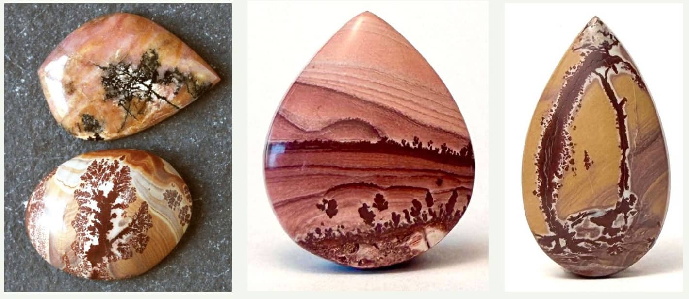 group of dendritic rhyolite cabochons, some showing banding