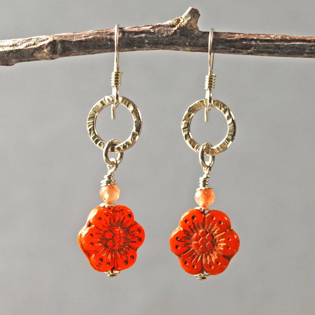 earrings with orange flower shaped beads
